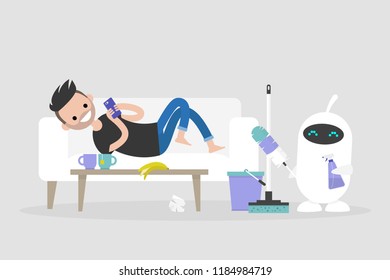 New technologies. Smart home. Cleaning the apartment. Cute white robot holding the cleaning tools: a feather duster and a cleaning spray / flat editable vector illustration, clip art
