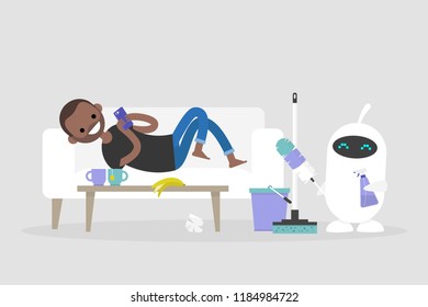 New technologies. Smart home. Cleaning the apartment. Cute white robot holding the cleaning tools: a feather duster and a cleaning spray / flat editable vector illustration, clip art