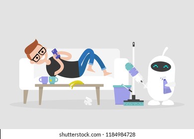 New Technologies. Smart Home. Cleaning The Apartment. Cute White Robot Holding The Cleaning Tools: A Feather Duster And A Cleaning Spray / Flat Editable Vector Illustration, Clip Art