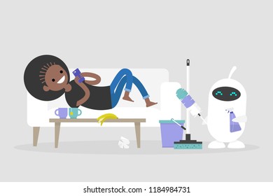 New technologies. Smart home. Cleaning the apartment. Cute white robot holding the cleaning tools: a feather duster and a cleaning spray / flat editable vector illustration, clip art