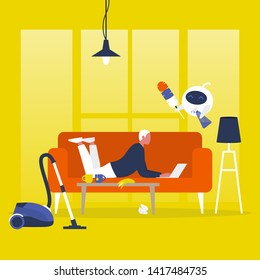 New technologies. Smart home. Young male character is lying on the sofa with a laptop while robot is cleaning the apartment with a feather duster and a cleaning spray.