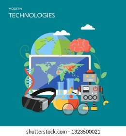New technologies vector flat illustration. Human brain, dna symbol, lab flasks for genetics chemical biological research, globe, computer, robot, vr headset. Science and technical innovations poster.