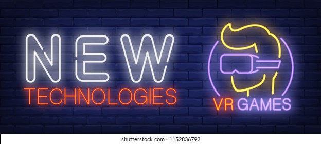 New technologies, VR games neon text with gamer in virtual reality glasses. Entertainment concept. Night bright neon sign, colorful billboard, light banner. Vector illustration in neon style.