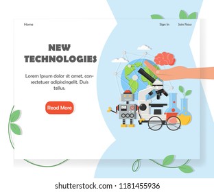 New technologies website homepage template. Vector flat style design element with copy space and read more button.