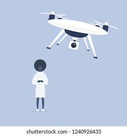 New technologies. Young black female character controlling a drone with a remote controller / flat editable vector illustration, clip art