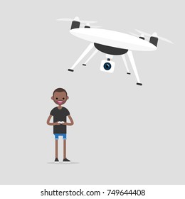 New technologies. Young character controlling a flying drone. Modern lifestyle. Gadgets / flat editable vector illustration, clip art