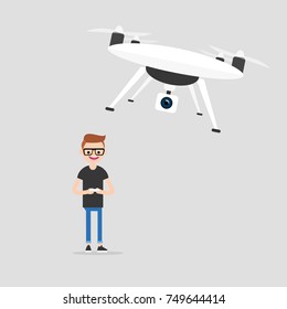 New technologies. Young character controlling a flying drone. Modern lifestyle. Gadgets / vector illustration, clip art