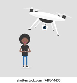 New technologies. Young character controlling a flying drone. Modern lifestyle. Gadgets / flat editable vector illustration, clip art