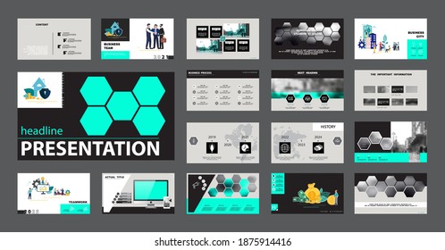 New technology. Business presentation, infographic design template with turquoise and black elements, gray background. A team of people creates a business. Financial work.Use of flyers, SEO, marketing