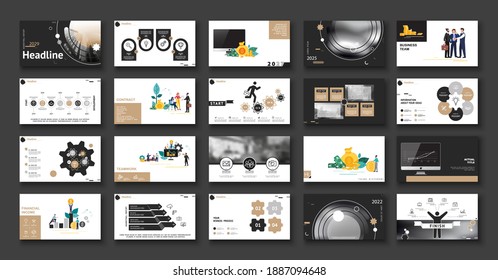 New technology. Business presentation, infographic design template with brown elements, black background. Teamwork. A team of people creates a business. Financial work. Using a flyer, SEO marketing