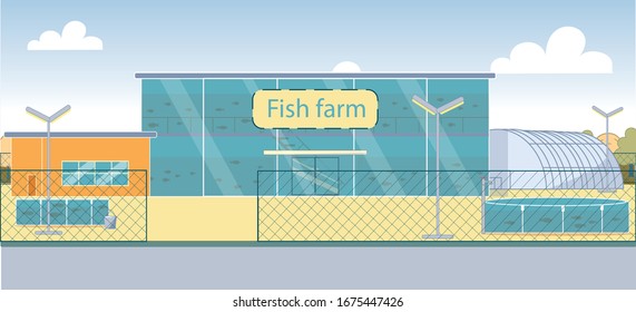 New Technology Fish Farm with Large Aquarium. Farm Divided into Several Artificial Reservoir with different Type Fish. There Two Pool on Outside, Industry Territory Protected by Mesh Fence.