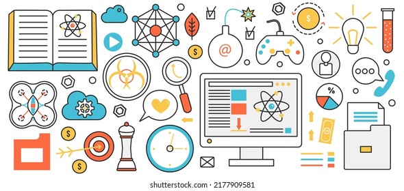 Neue Technologie der wissenschaftlichen Forschung. Abstrakte Ausrüstung für Ingenieurwesen, Analyse und Erforschung molekularer Strukturen und Atome, Physikunterricht in Infografik-Concept-Banner, Thin-line-Kunstdesign