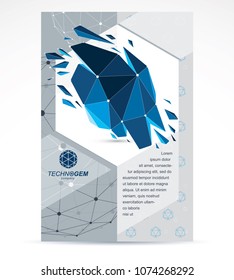 New technology theme booklet cover design, front page. 3D engineering vector, abstract blue polygonal demolished shape.