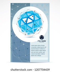 New technology theme booklet cover design, front page. 3D engineering vector, abstract blue polygonal shape.
