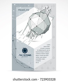 Nuevo diseño de portada de folletos de tecnología, portada. Resumen: objeto blanco y negro asimétrico y geométrico fraccionado de 3d faceteado, tecnología digital moderna e ilustración del vector de temas científicos.
