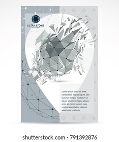 New technology theme booklet cover design, front page. Abstract asymmetric broken geometric 3d faceted black and white object, modern digital technology and science theme vector illustration.