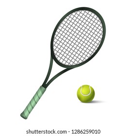 New tennis racket. Tennis gear for the game. Tennis ball. Vector illustration on a white background.