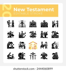 Neues Testament schwarze Glyphensymbole auf weißem Raum. Das Leben Jesu Christi. Christliche Religion. Glaube an Gott. Heilige Bibel. Silhouetten-Symbole. Solides Piktogramm-Paket. Vektorgrafik Einzeldarstellung