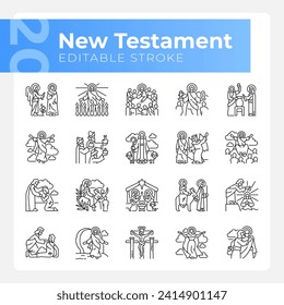 New testament linear icons set. Life of Jesus Christ. Creed christian religion. Faith in God. Holy bible. Customizable thin line symbols. Isolated vector outline illustrations. Editable stroke