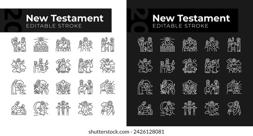 New testament linear icons set for dark, light mode. Life of Jesus Christ. Creed christian religion. Holy bible. Thin line symbols for night, day theme. Isolated illustrations. Editable stroke