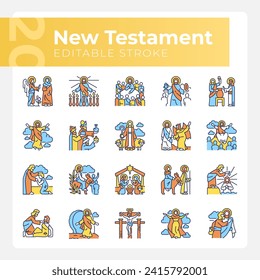 New testament RGB color icons set. Life of Jesus Christ. Creed christian religion. Faith in God. Holy bible. Isolated vector illustrations. Simple filled line drawings collection. Editable stroke