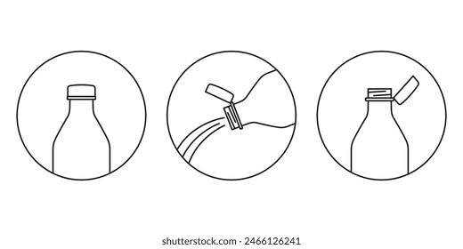 Nuevos tapones atados en la UE. Icono de tapón de botella. Trazo editable. Ilustración vectorial. Nueva tapa unida a la botella de plástico, conectada al cuello de la botella por una lengüeta sólida unida al anillo de seguridad. 