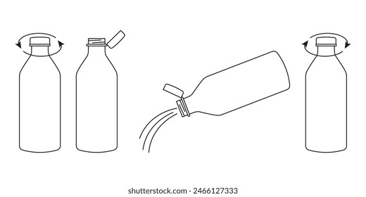 Nuevos tapones atados en la UE. Icono de tapón de botella. Trazo editable. Ilustración vectorial. Nueva tapa unida a la botella de plástico, conectada al cuello de la botella por una lengüeta sólida unida al anillo de seguridad. 