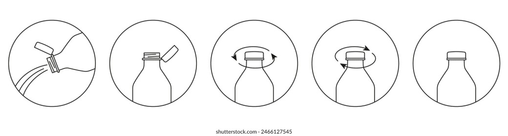 Neue Fesselkapseln in der EU. Flaschenkappensymbol. Bearbeitbarer Strich. Vektorillustration. Neuer Verschluss, der an der Kunststoffflasche befestigt ist und mit dem Flaschenhals durch eine feste Lasche am Sicherheitsring verbunden ist. 