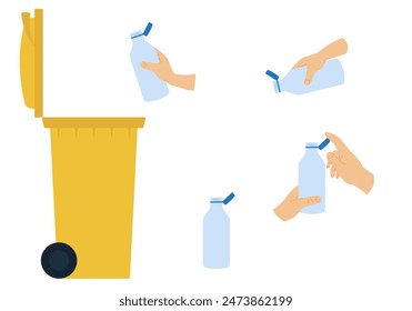 Nuevos tapones atados en la UE. Botella de mano con tapa atada. Tirar una botella de plástico vacía con tapón atado en una Ilustración vectorial especial de reciclaje de basura. 