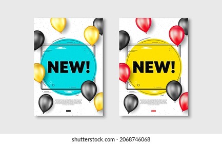 New text. Flyer posters with realistic balloons cover. Special offer sign. New arrival symbol. Arrivals text frame white posters. Balloons cover. Vector