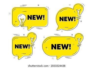 Neuer Text. Idea gelbe Chat-Blasen. Sonderangebot-Schild. Neues Ankunftssymbol. Ankunft Chat-Nachrichten-Banner. Idea Glühbirnen-Ballons. Vektorgrafik