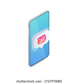 Nuevo concepto isométrico de mensaje de texto. 3d Burbuja de discurso del símbolo de Chat por correo en la pantalla del smartphone aislada en fondo blanco. Ilustración vectorial de medios sociales para web, aplicación, diseño, infografías.