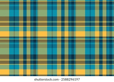 New textile texture tartan, warmth check pattern background. Aesthetic plaid fabric vector seamless in cyan and amber colors palette.