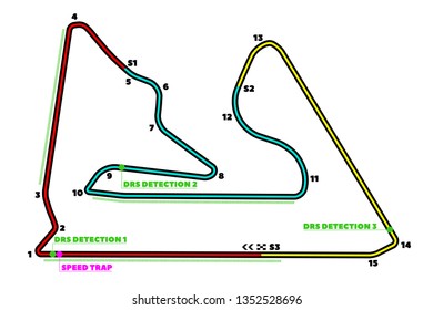 A new third DRS zone has been added to the Bahrain International Circuit for the 2019 season, Bahrain Grand Prix circuit. Vector illustration of an race track