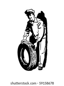 New Tire And Serviceman - Retro Clip Art