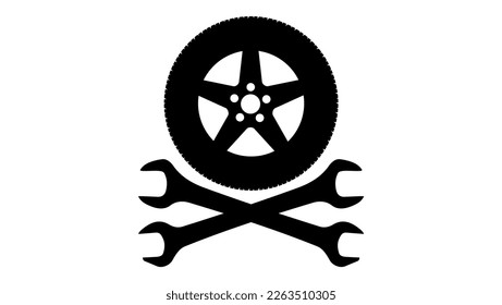 new tire and two wrenches like a pirate flag, logo, tire store logo design vector illustration.  simple icons, logo for tire shop or tire production