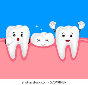 New tooth character growing up. Dental care cute cartoon, illustration.