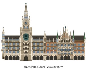 New town hall of Minich in Bavaria, Germany on white background
