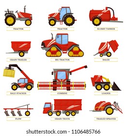 New tractors, slurry tanker, grain trailer or truck, small baler, bale stacker, big combine, compact loader, trailed sprayer and plow vectors agricultural machinery