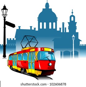 new tram rides through the old city quarter (vector illustration);