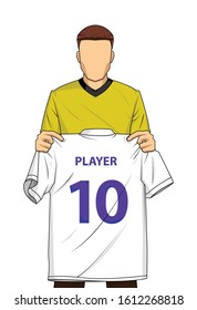 New transfer football or soccer player holds white mock up shirt isolated vector. illustration of a man in a soccer costume showing a jersey.