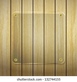 new transparent glass frame on wood planks background can use for web design