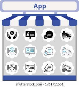 neuer Trend-App-Icon-Set. im Online-Shop inbegriffen, Chat, Rabatt, LKW-Icons. lineare, gefüllte, bicolor-Stile.