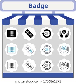 new trend badge icon set. included 24-hours, discount, barcode icons. linear, filled, bicolor styles.