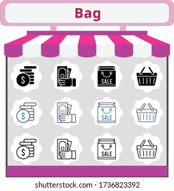 new trend bag icon set. included shopping bag, money, shopping-basket, shopping basket icons. linear, filled, bicolor styles.