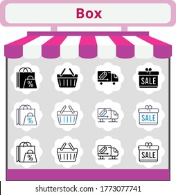 new trend box icon set. included gift, shopping bag, shopping-basket, delivery truck, shopping basket icons. linear, filled, bicolor styles.