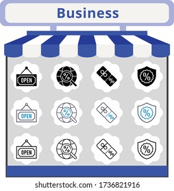 new trend business icon set. included discount, warranty, open, internet icons. linear, filled, bicolor styles.