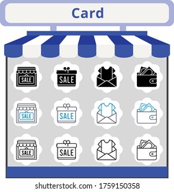 nuevo conjunto de iconos de la tarjeta de tendencia. regalo incluido, boletín, tienda, iconos de cartera. estilos lineales, llenos, bicolores.