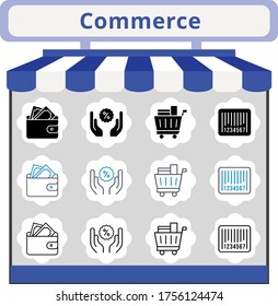 nuevo conjunto de iconos de comercio de tendencias. billetera incluida, carrito de la compra, descuento, iconos de código de barras. estilos lineales, llenos, bicolores.