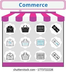 new trend commerce icon set. included online shop, discount, shopping-basket, barcode, shopping basket icons. linear, filled, bicolor styles.